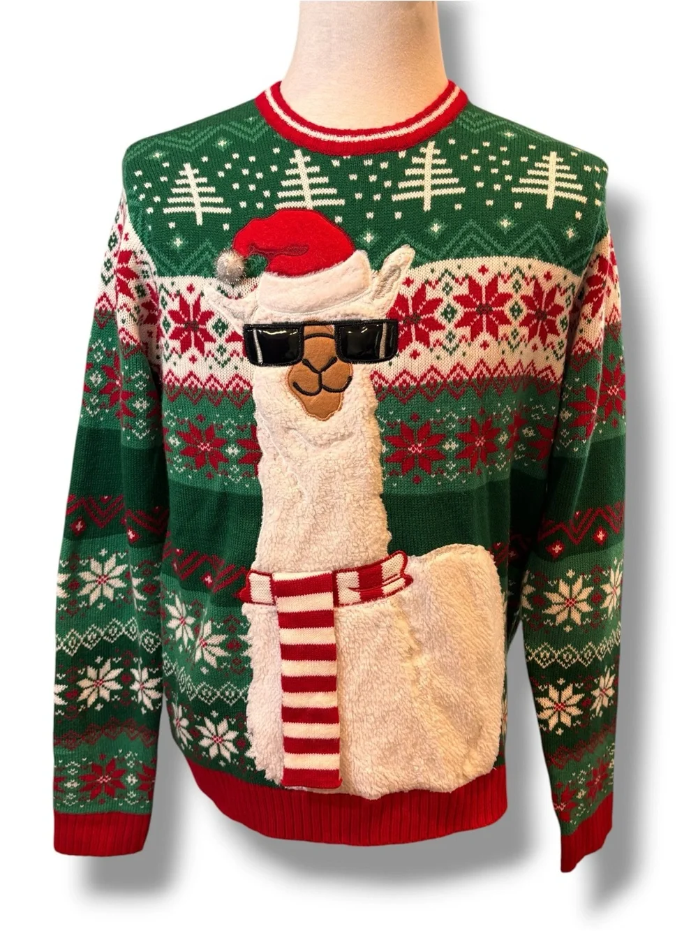 Ugly Christmas Green Sweater Blizzard Bay Llama In Sunglasses Scarf Unisex Sz L